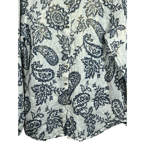 Charter Club Weekend Linen Shirt L Metallic Floral Paisley Casual Button Down - Picture 5 of 14
